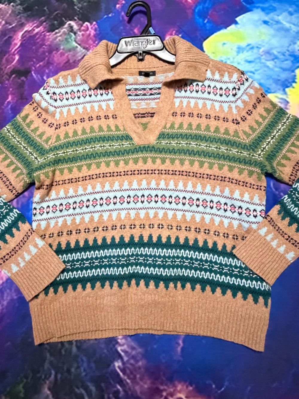 Talbots Camel V-Neck Fair Isle Sweater with Green and White Accents